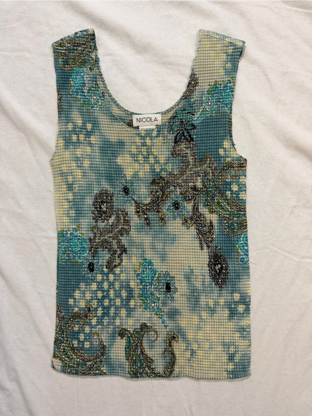 NICOLA Teal, Cream and Black Paisley waffle Knit Tank Top Y2K sz small